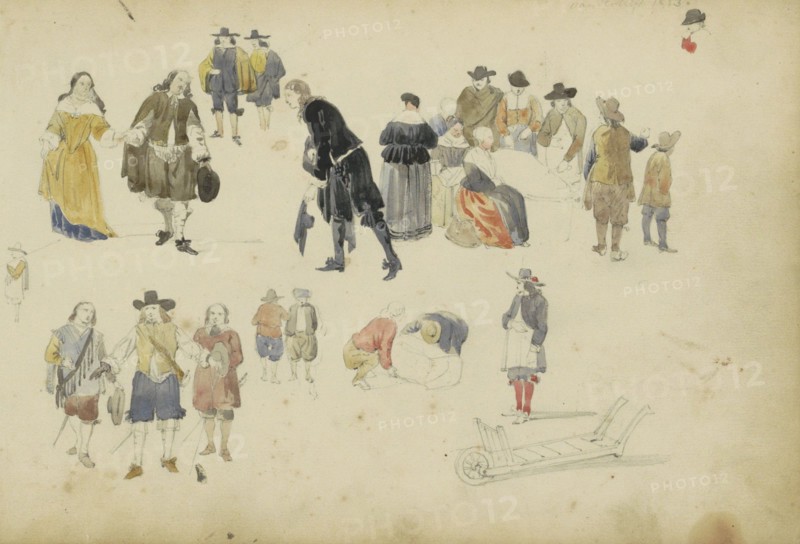 Figures in seventeenth-century clothing, c. 1846-c. 1882. Creator: Cornelis Springer.