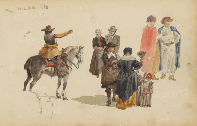 Figures in seventeenth-century clothing, c. 1846-c. 1882. Creator: Cornelis Springer.