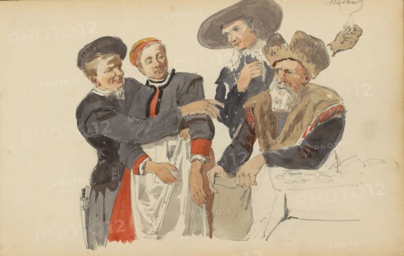 Group in seventeenth-century clothing, c. 1846-c. 1882. Creator: Cornelis Springer.