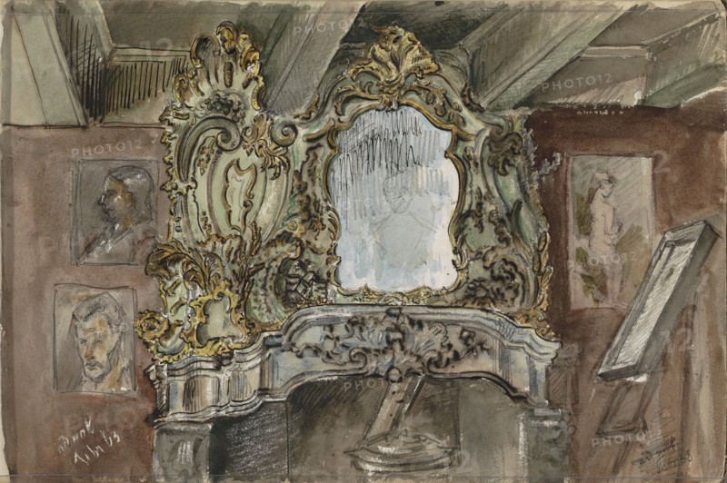 Fireplace with ornamental mirror in an interior, 1863. Creator: Isaac Gosschalk.
