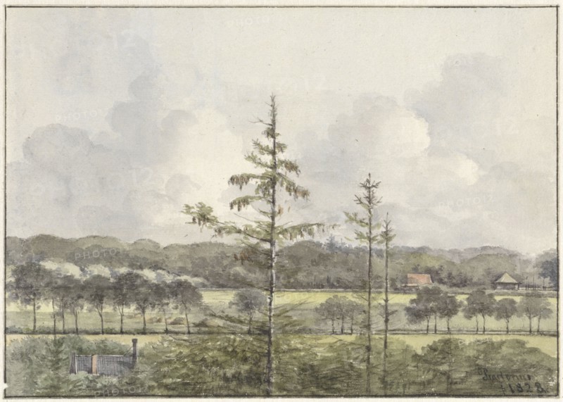 View of meadows and farm buildings, 1828. Creator: Pieter Ernst Hendrik Praetorius.
