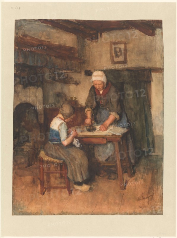 Interior with woman ironing and a child sewing, 1854-1914. Creator: Albert Neuhuys.