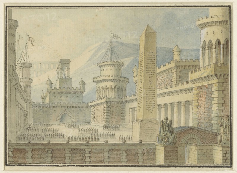 Courtyard of a fortress with obelisk, troops in line, 1800-1900. Creator: Alphonse Jean-Baptiste Vien.