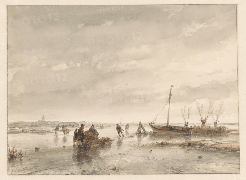 Winter landscape with frozen lake, 1797-1870. Creator: Andreas Schelfhout.
