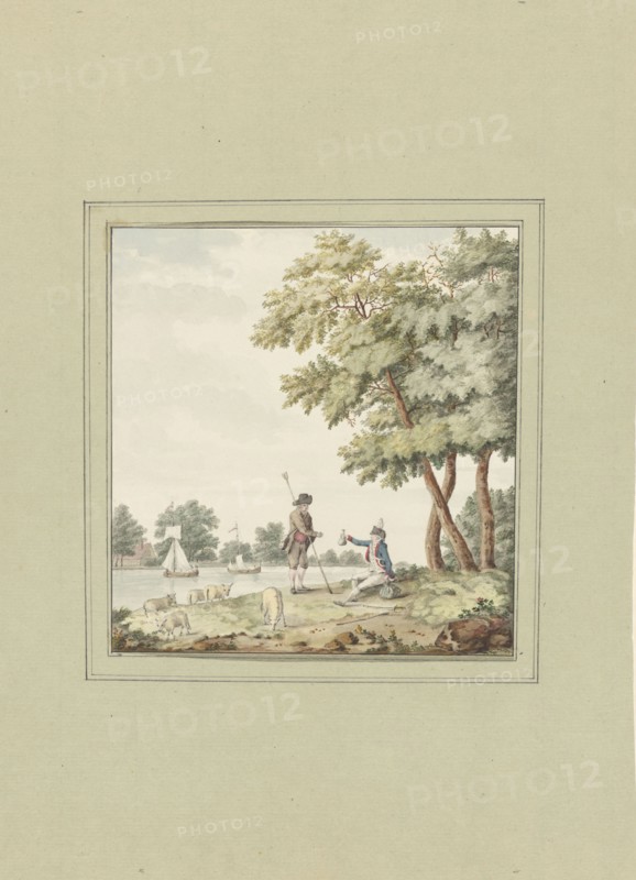 A soldier hands a shepherd a bag of money, 1700-1800. Creator: Anon.