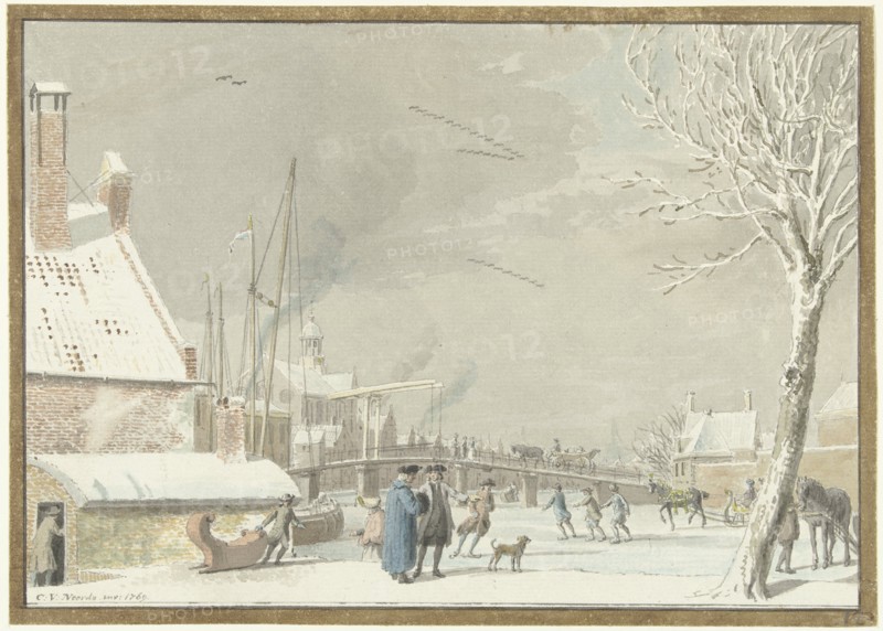 Frozen city canal with skaters, 1769. Creator: Cornelis van Noorde.