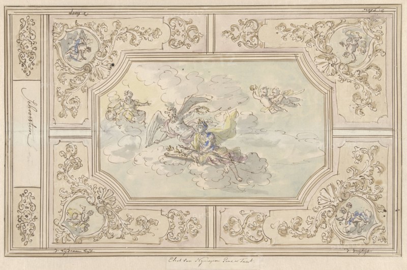 Design for a ceiling painting with Honour (?) crowned by Time, 1677-1755. Creator: Elias van Nijmegen.
