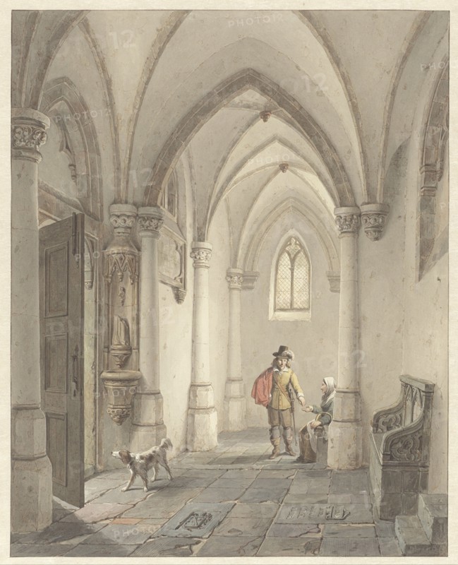 Church interior with man giving alms to a beggar, 1817-1879. Creator: George Gillis Haanen.
