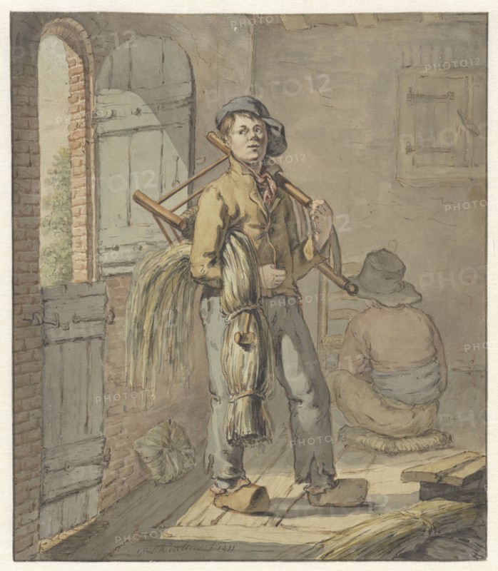 Weavers making rush chair-seats, 1811. Creator: Gerardus Laurentius Keultjes.