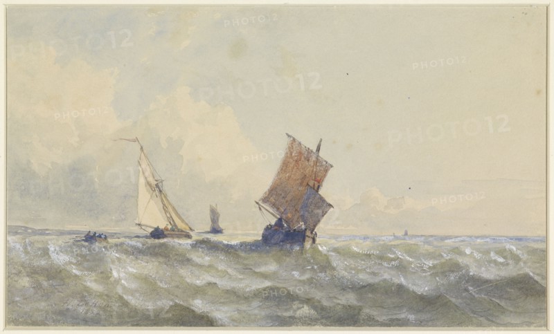 View of the high seas, on which there are three sailing ships, 1852. Creator: Henri le Hon.