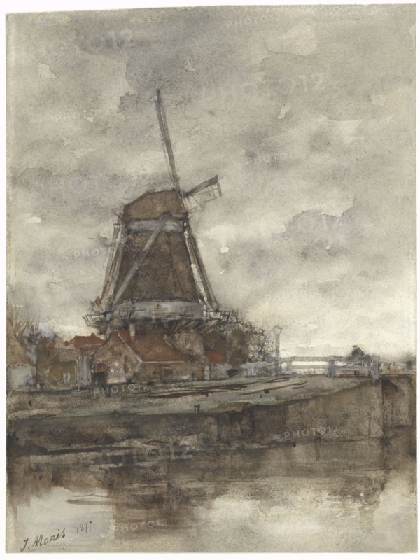 Mill and the bridge at the North-West-Buitensingel in The Hague, 1877. Creator: Jacob Henricus Maris.