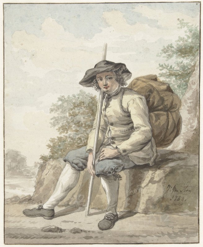 Seated man with a knapsack and a stick, 1784. Creator: Jacob van Strij.