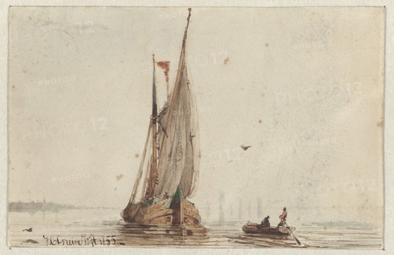 Sailing ship and rowing boat on the water, 1855. Creator: Johan Conrad Greive.