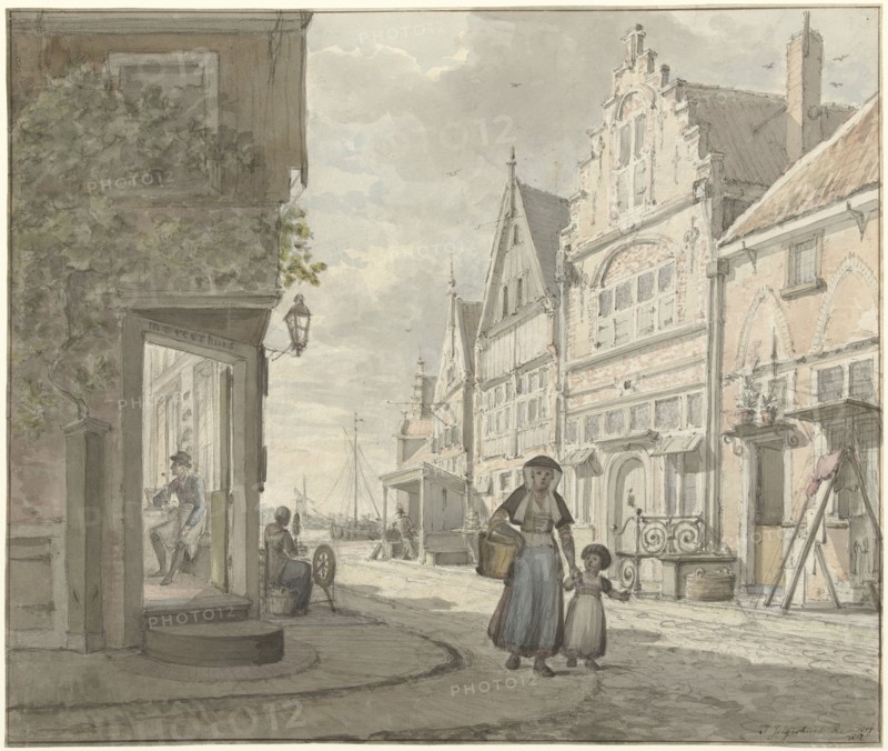 Woman and a child walk on the street in a fishing village, 1817. Creator: Johannes Jelgerhuis.