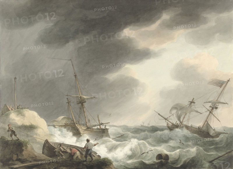 Shipwreck of two ships, one of which is under American flag, on a dune coast, 1780-1848. Creator: Martinus Schouman.
