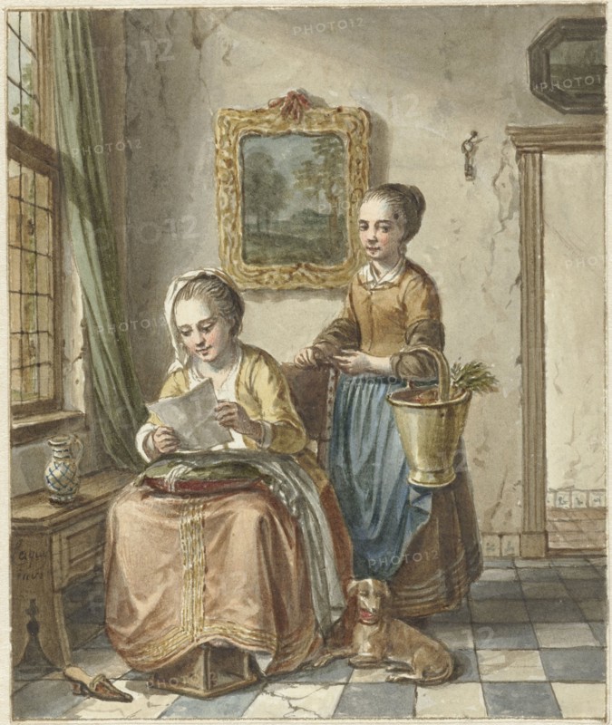 Sitting woman with maid, reading a letter, 1748-1798. Creator: Willem Joseph Laquy.