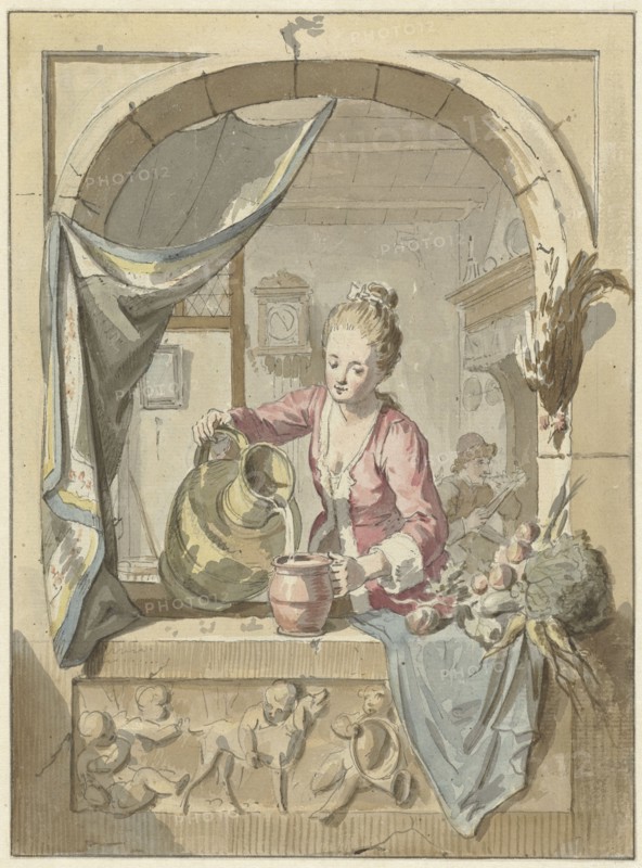 Woman pours milk from a jug, in a window, 1748-1798. Creator: Willem Joseph Laquy.