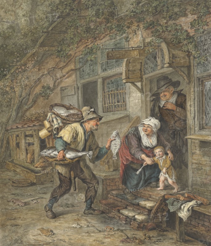 A fishmonger offers plaice to a schoolmaster and his family, 1763-1826. Creator: Abraham van Strij.