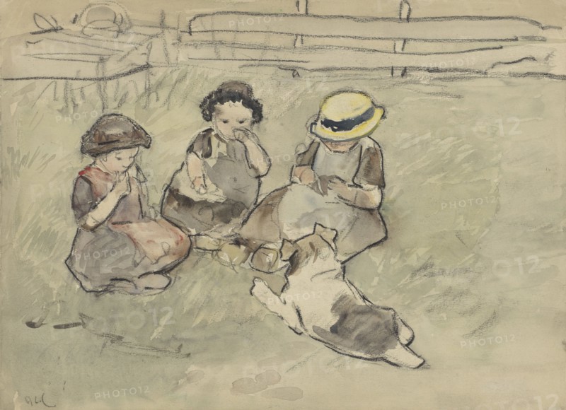 Three girls with a dog sitting in a meadow, 1860-1921. Creator: Adolf le Comte.