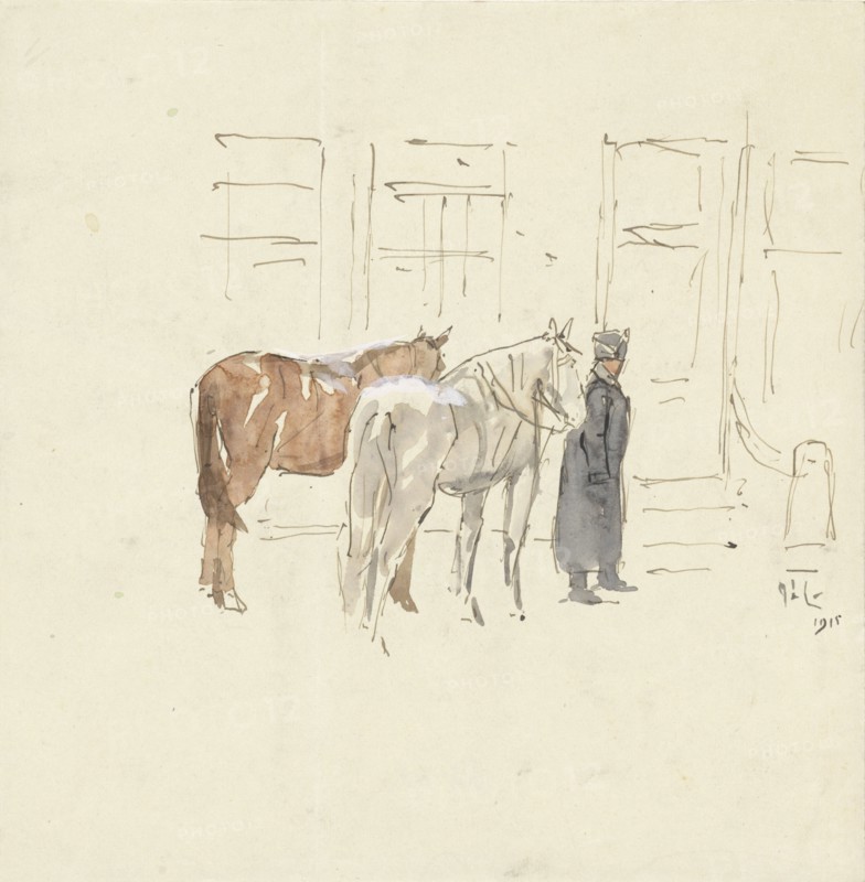 Man with two horses in front of a building, 1915. Creator: Adolf le Comte.