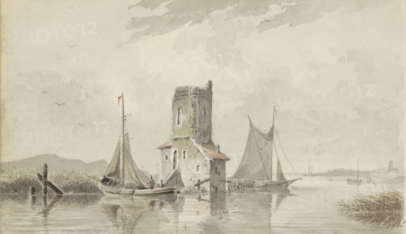 River landscape with a tower, c.1828-1897. Creator: Adrianus Eversen.