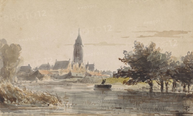 View of a town, seen from across a river, 1828-1897. Creator: Adrianus Eversen.
