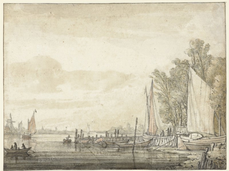 Boats at a jetty in a river, 1641-1642. Creator: Aelbert Cuyp.
