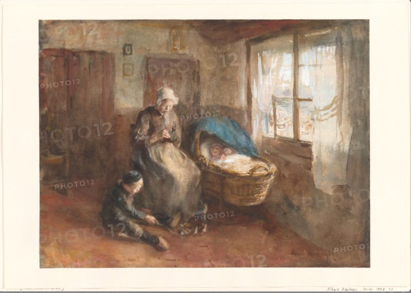 Interior with a woman by a cradle and a boy on the floor, c.1854-c.1914. Creator: Albert Neuhuys.