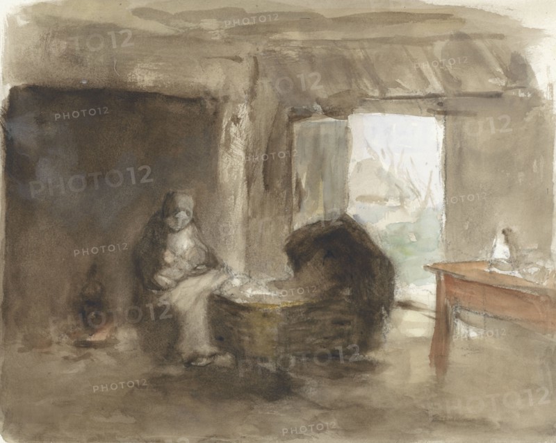 Woman with child near a cradle, 1854-1914. Creator: Albert Neuhuys.
