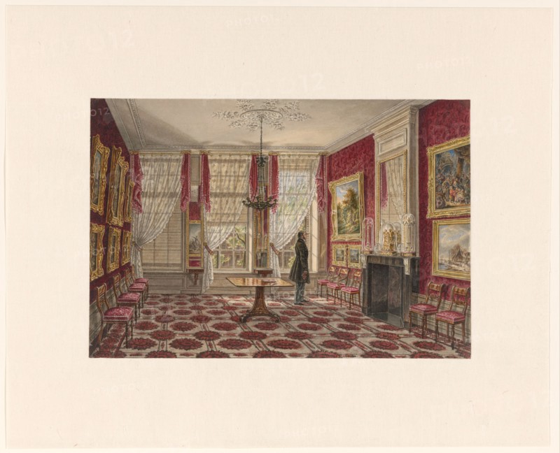 19th century interior with paintings and standing figure, 1842-1848. Creator: Augustus Wijnantz.