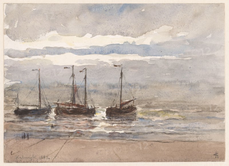 Fishing boats on the beach of Katwijk at rising tide, 1882. Creator: Carel Nicolaas Storm.