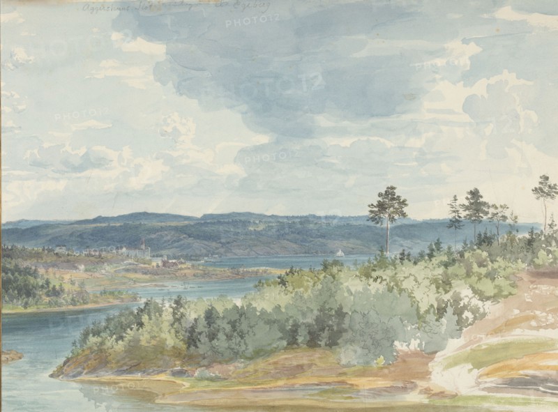 Akershus Fortress, near Oslo, located on the fjord, 1850-1900. Creator: Christian Skredsvig.