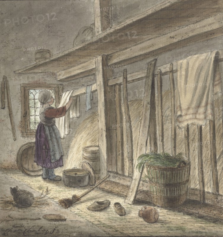 Corner of a stable with a girl hanging a cloth, 1772. Creator: Christina Chalon.