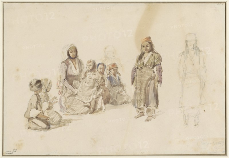 Study sheet with seated woman and children, at Derekoy in Turkey, 1814-1860. Creator: Auguste Raffet.