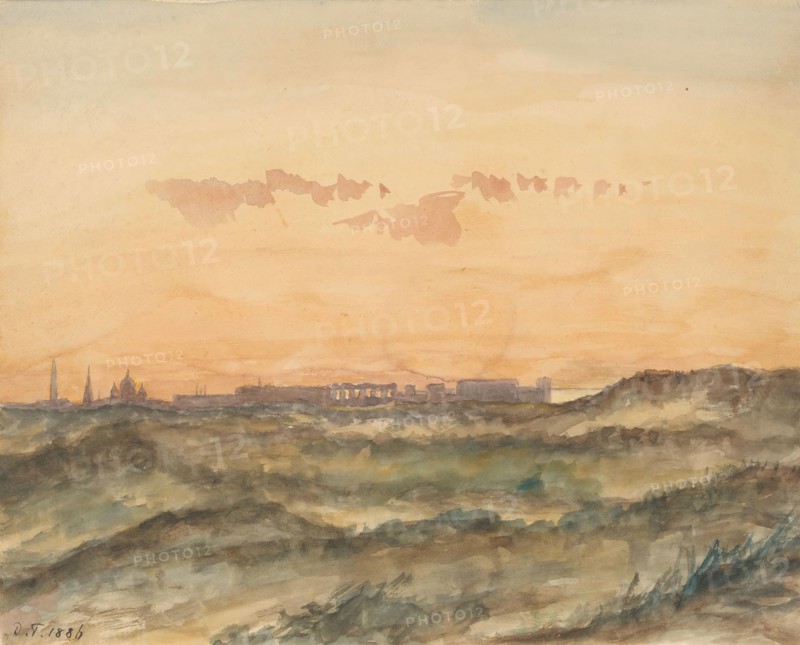 Landscape with the silhouette of a city in the distance, 1886. Creator: Arnoldus Dirk Felix Tavenraat.
