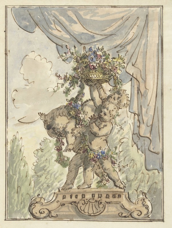 Three putti with a flower basket, 1677-1755. Creator: Elias van Nijmegen.