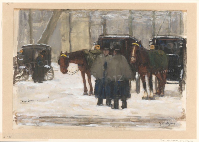 Carriages and coachmen in the snow, 1874-1925. Creator: Floris Arntzenius.