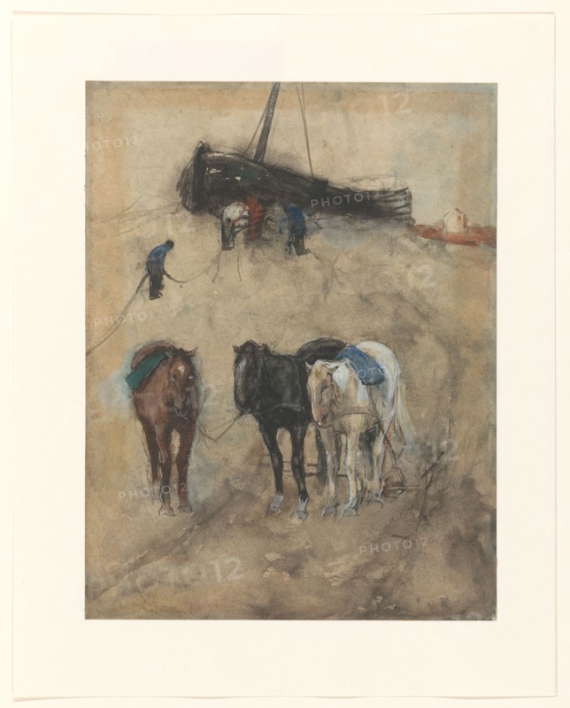 Horses on the beach, a barge and fishermen in the background, c.1867-c.1923. Creator: George Hendrik Breitner.