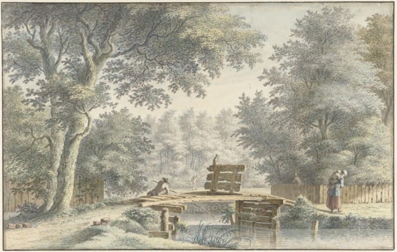 Landscape with an angler on a bridge, 1763. Creator: Gerard van Rossum.
