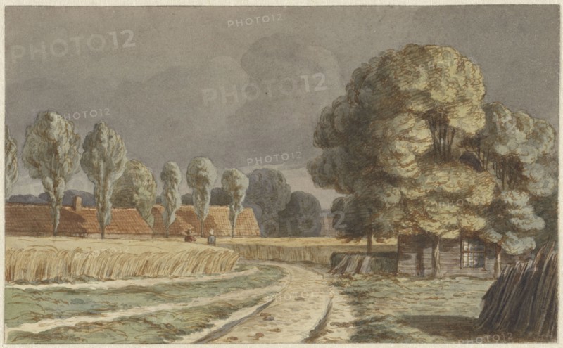 Wheat field between houses under a threatening thunderstorm in Hilversum, 1853-1858. Creator: Hendrik Abraham Klinkhamer.