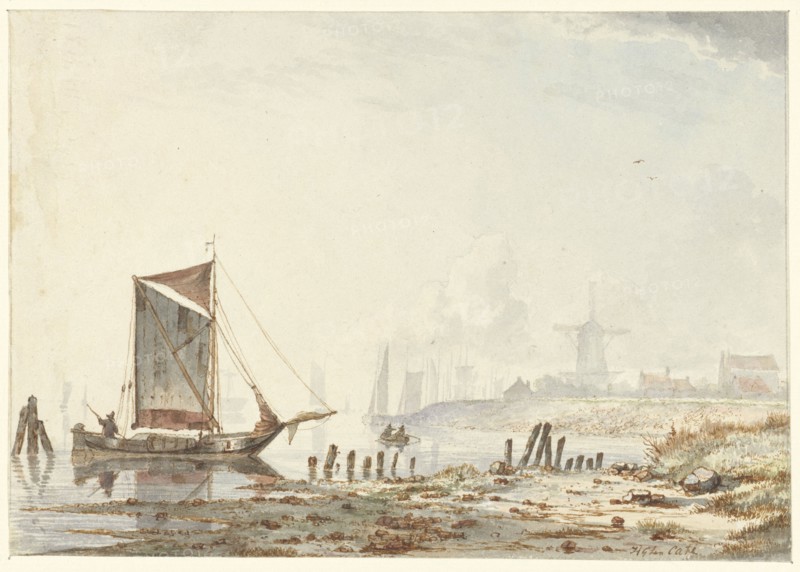 Ships on a river, near the bank, 1813-1856. Creator: Hendrik Gerrit ten Cate.
