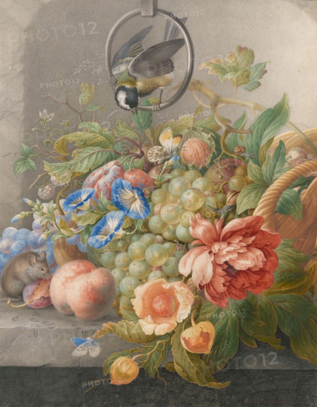 Still Life with Flowers, Fruit, a Great Tit and a Mouse, c.1700-c.1710. Creator: Herman Henstenburgh.