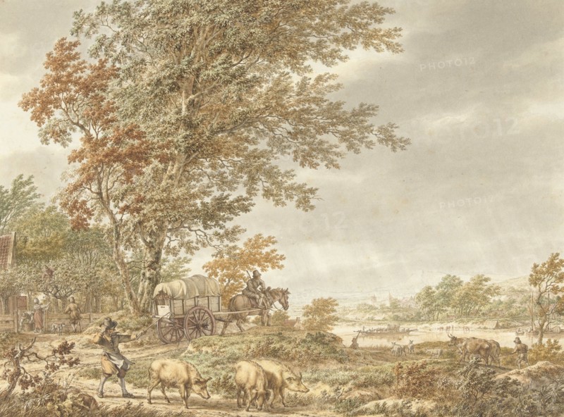 Hilly landscape with swineherd, a river in the distance, 1791. Creator: Jacob Cats.