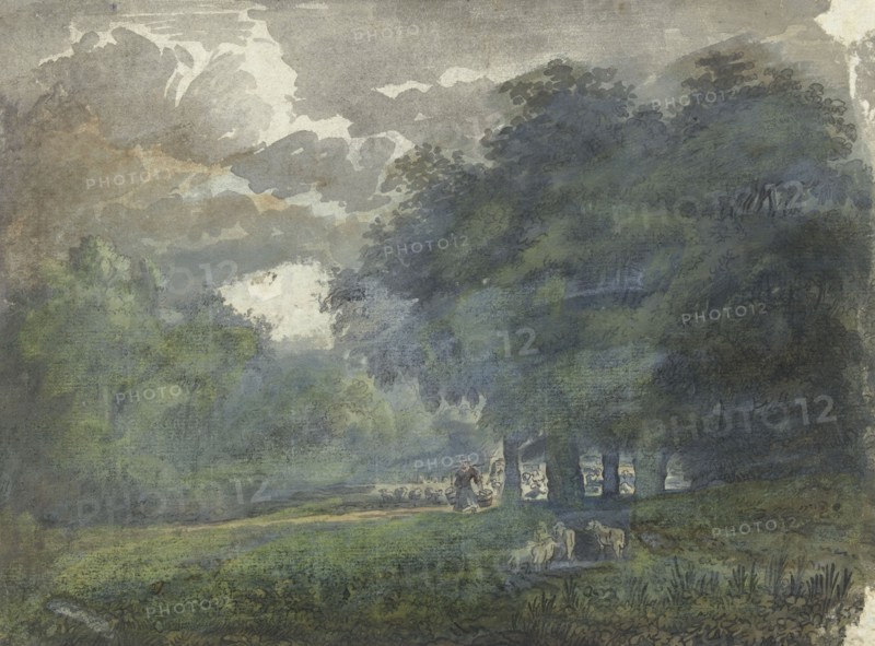 Shepherds with herd in a wooded landscape, 1706-1759. Creator: Jacob van Liender.