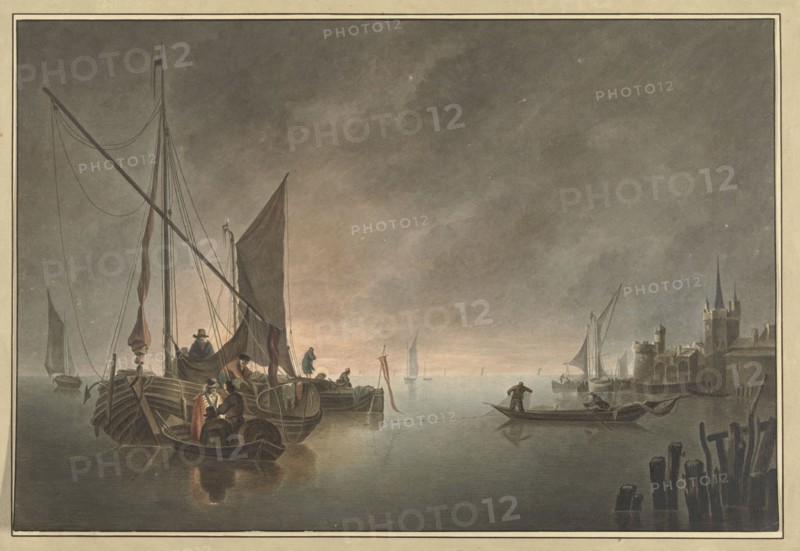 Ships in front of a walled city at sunset, 1730-1771. Creator: Jan Matthias Cok.