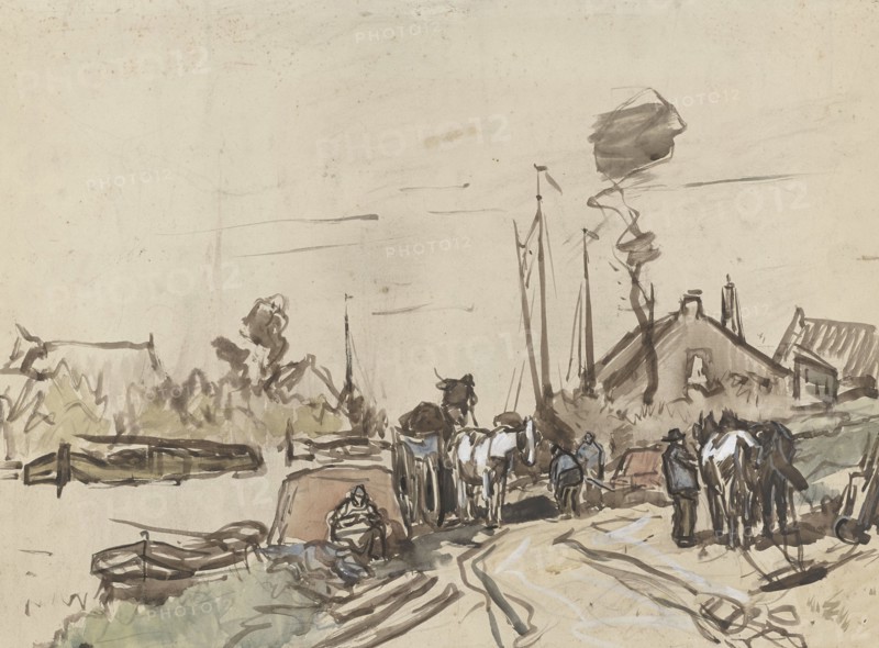 Unloading carts at a canal, 1864-1936. Creator: Johannes Cornelis van Essen.