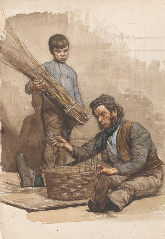 Seated basket weaver with standing boy, 1874-1925. Creator: Jan Veth.