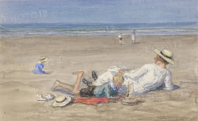 Resting nanny with two children on the beach, 1874-1927. Creator: Johan Antonie de Jonge.