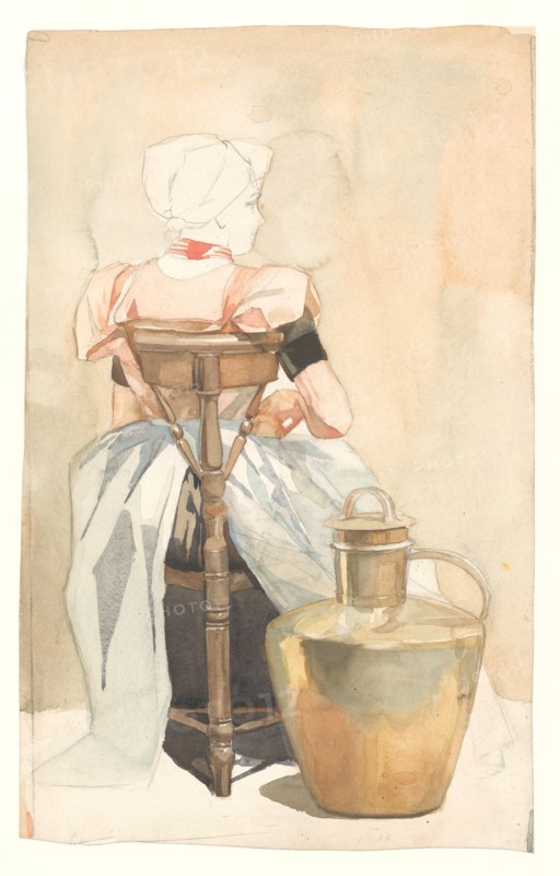 Seated girl in traditional costume, seen from the back, 1868-1940. Creator: Johan Coenraad Braakensiek.