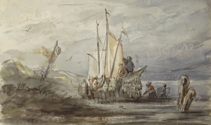 Horse and carriage on a shore near a sailing ship, 1839. Creator: Johannes Tavenraat.